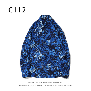 1508-C112-P25秋装新款港风印花长袖衬衫免烫休闲衬衣潮修身上衣图片