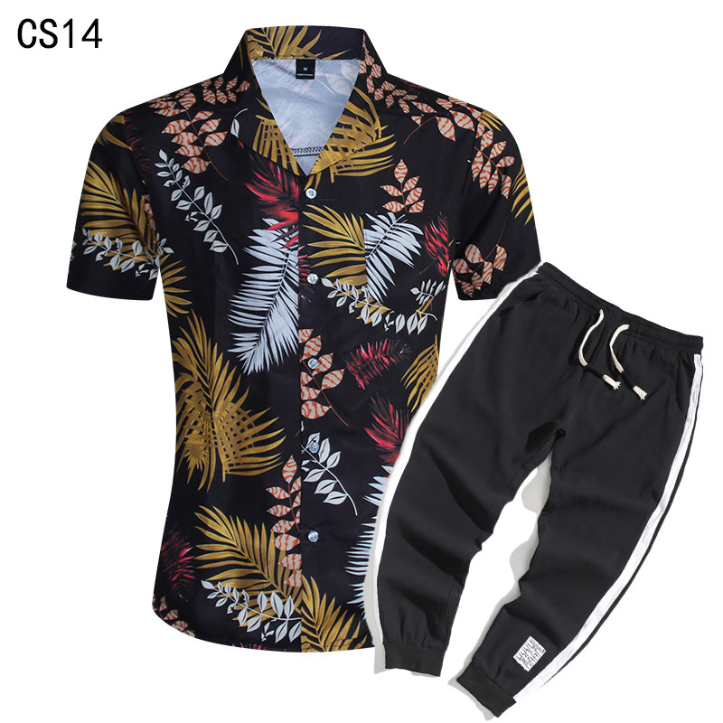1508-CS14+K522-P45外贸欧美跨境现货短袖衬衫套装夏威夷沙滩衬衣，男装T恤，星座1508-1