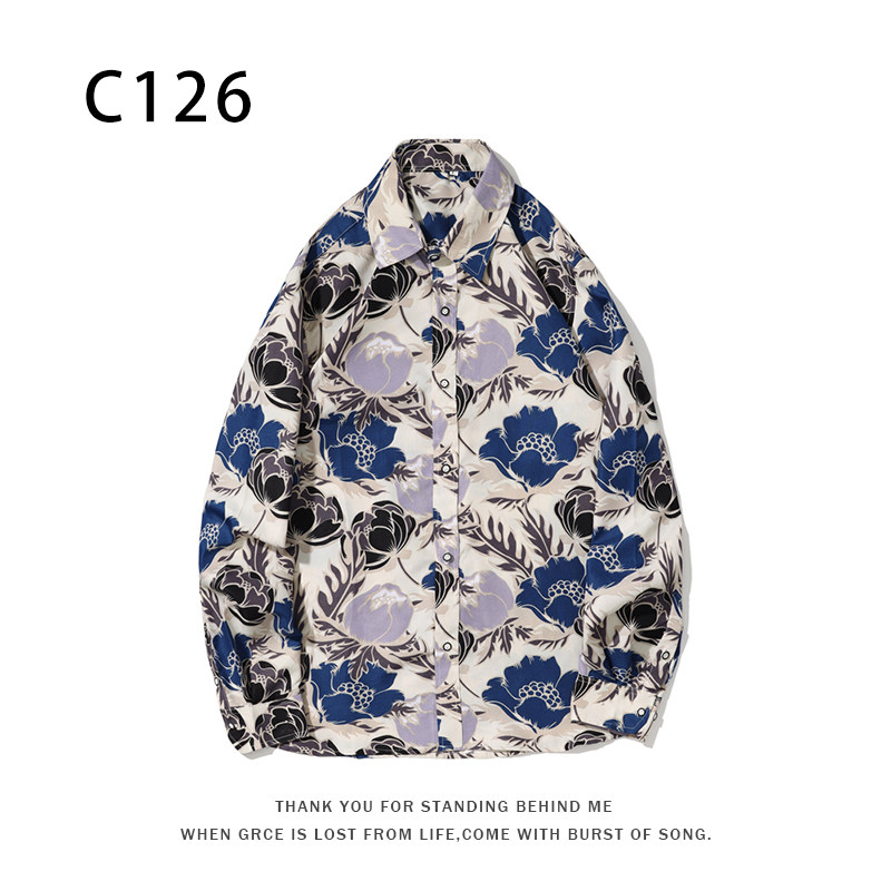 1508-C126-P25秋装新款港风印花长袖衬衫免烫休闲衬衣潮修身上衣图片