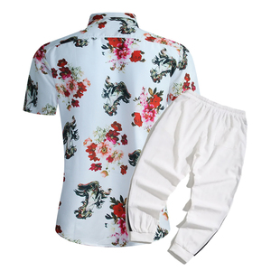 1508-CS11+K522-P45外贸欧美跨境现货短袖衬衫套装夏威夷沙滩衬衣图片