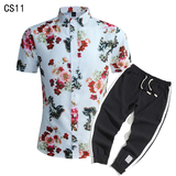 1508-CS11+K522-P45外贸欧美跨境现货短袖衬衫套装夏威夷沙滩衬衣，男装T恤，星座1508-1