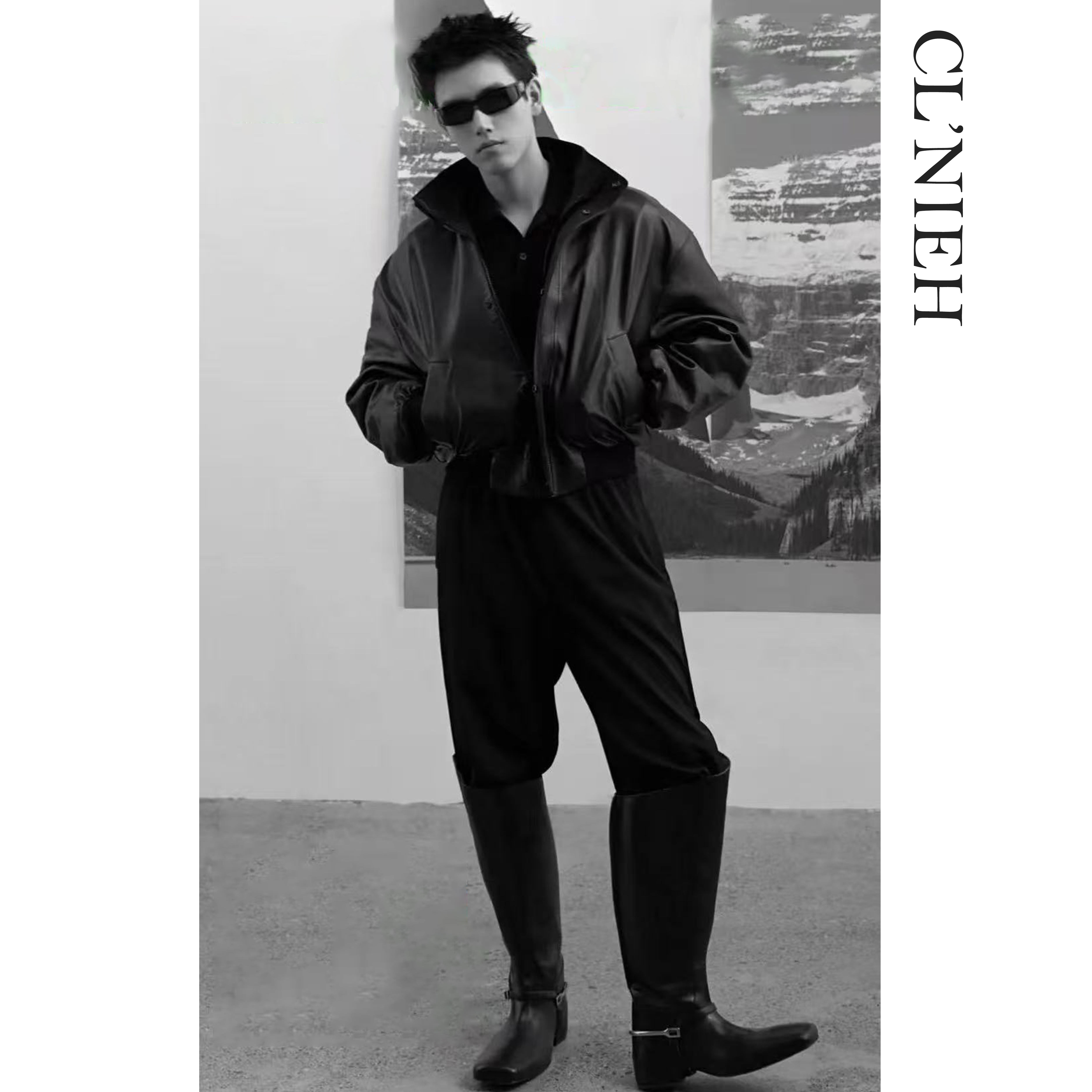 CLNIEH | 进口半闪亮粒面羊皮革 IDEAL拉链 立裁高领皮革夹克男