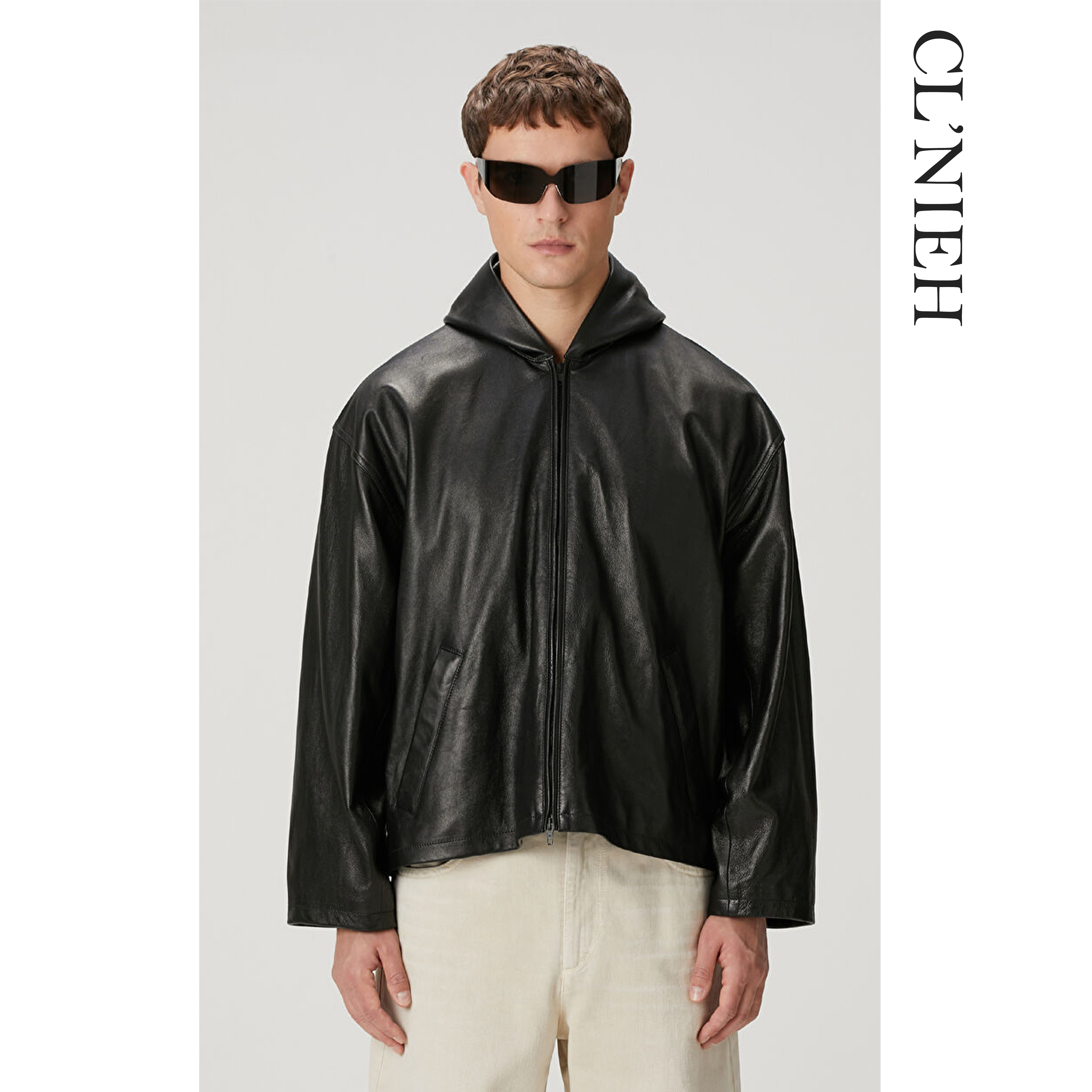 CLNIEH | 法国进口头层小羊皮 IDEAL拉链 羊皮革连帽束腰夹克