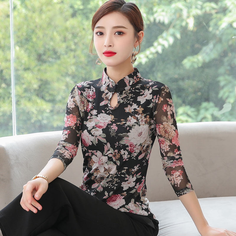 2023新款春民族复古中国风花色长袖网纱打底衫女立领旗袍蕾丝上衣