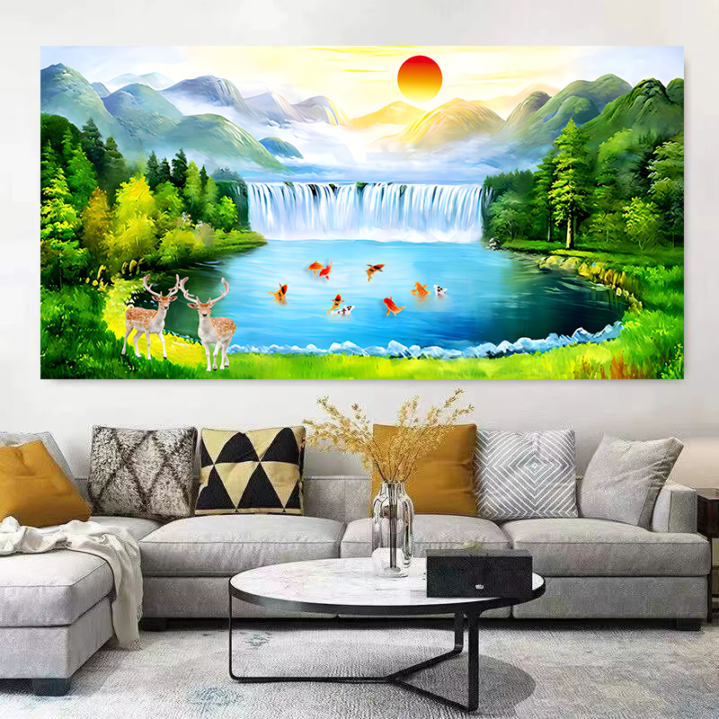 聚宝盆聚财山水风景壁画瀑布高山流水招财东墙画客厅办公室装饰画