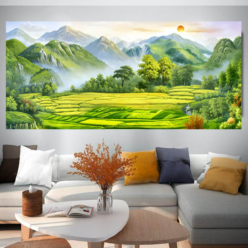聚宝盆风景山水靠山图客厅背景墙旭日东升办公室招财装饰画自贴画