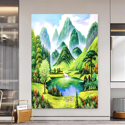 聚宝盆山水风景自粘画新中式客厅装饰画过道玄关墙正对入户门挂画