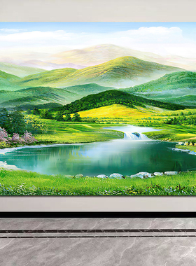 聚财风景画瀑布高山流水招财装饰挂画办公室风水靠山图墙壁画贴画