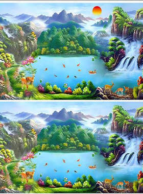 山水风景画聚宝盆九鱼图流水生财