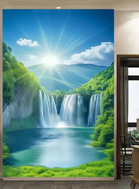 聚宝盆流水生财入户门迎面墙画客厅沙发背景画玄关山水画自粘贴画