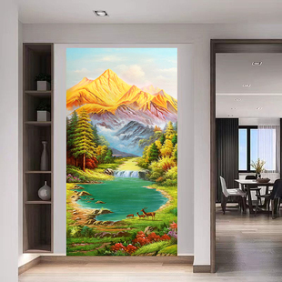 金山聚宝盆玄关装饰画入户门迎面墙画过道画金山图茶室招财风水画