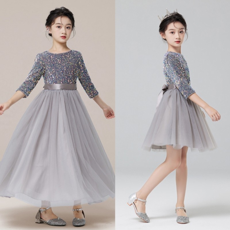 儿童连衣裙夏女童高端礼服灰色亮片公主裙花童礼服裙宝宝蓬蓬纱裙