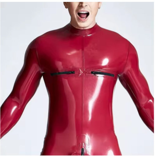 乳胶衣男束缚弹力紧身衣胸部短横拉链和后背绕裆拉链  胶衣连体衣
