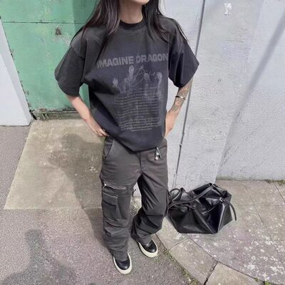 LBMS 辣堡美式「梦龙乐队」水洗做旧字母印花复古短袖男女宽松t恤