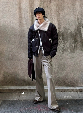 LBMS辣堡美式水貂毛天丝旧银扣交襟bomber游牧外套棉服休闲夹克