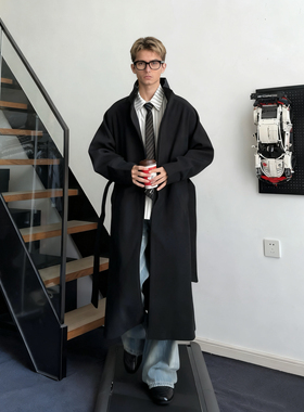 LBMS辣堡美式秋冬高级感宽松百搭长款大衣复古廓形翻领毛呢外套