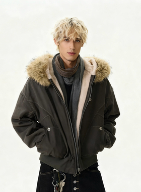 LBMS辣堡美式复古街头冬季金属扣设计男式加厚保暖座山雕连帽棉服