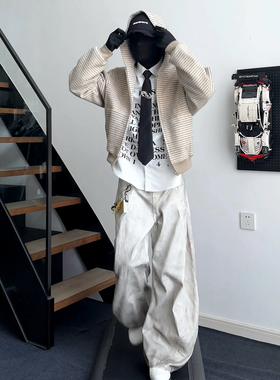 LBMS辣堡美式复古条纹秋季新款百搭简约连帽卫衣男女同款开衫外套