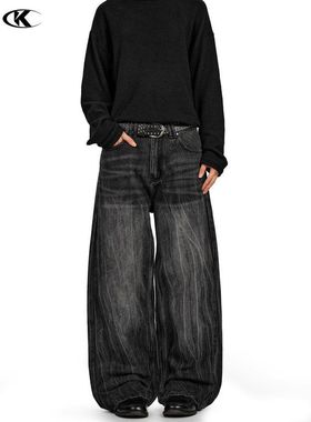 LBMS辣堡美式复古猫须牛仔裤水洗做旧直筒cleanfit宽松百搭阔腿裤