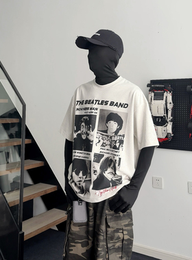 LBMS辣堡美式街头夏季杂志人物图高级感小领设计男女宽松短袖T恤