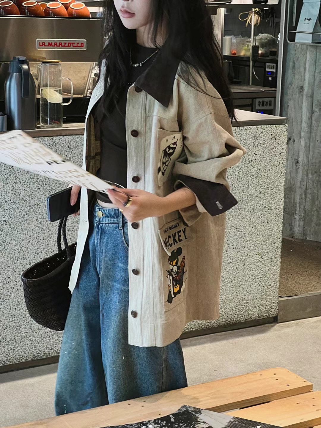 大G家正品 2025春季复古减龄米奇卡通宽松廓形亚麻工装风衣外套女
