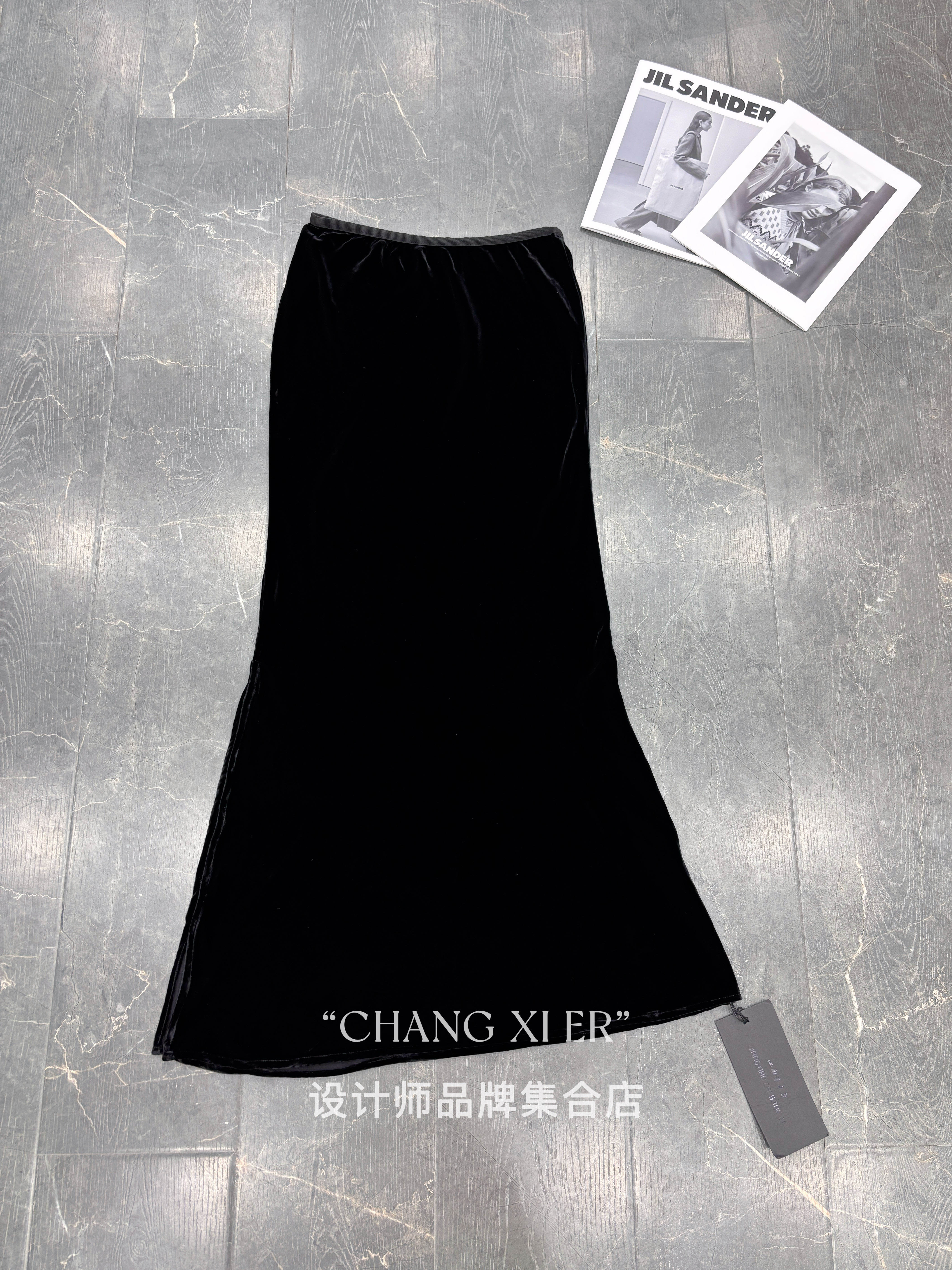 设计师品牌正品 采桑子桑蚕丝小黑裙女人味真丝丝绒鱼尾开叉半裙