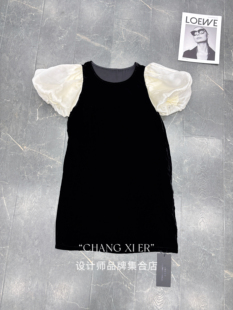 设计师品牌正品 采桑子桑蚕丝拼接欧根缎泡泡袖真丝丝绒连衣裙女