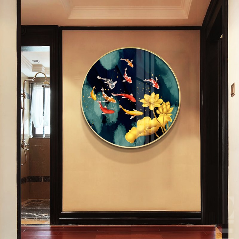 速发餐厅装饰画简约圆形饭厅挂画轻奢玄关正方形客厅墙面九鱼壁画图片