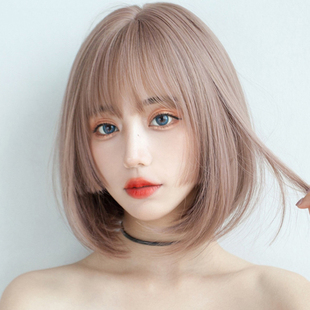 速发假发真实自然粉头色短发公发切姬主式 齐刘海全头假发套