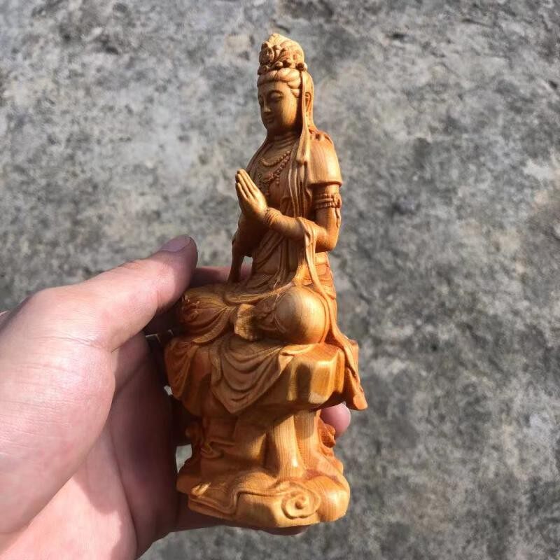 速发崖柏木雕合十自在观音高萨居档车载人物佛像饰品家菩供奉摆件