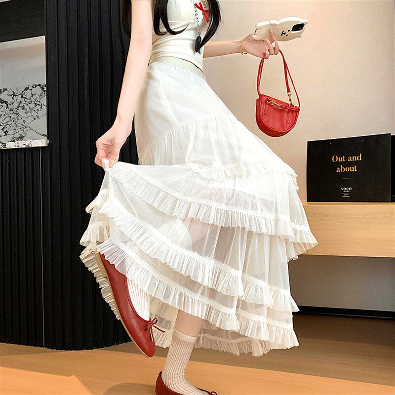 速发白法色式网纱半身裙夏季新款高腰垂感层层a字纱裙长款裙子