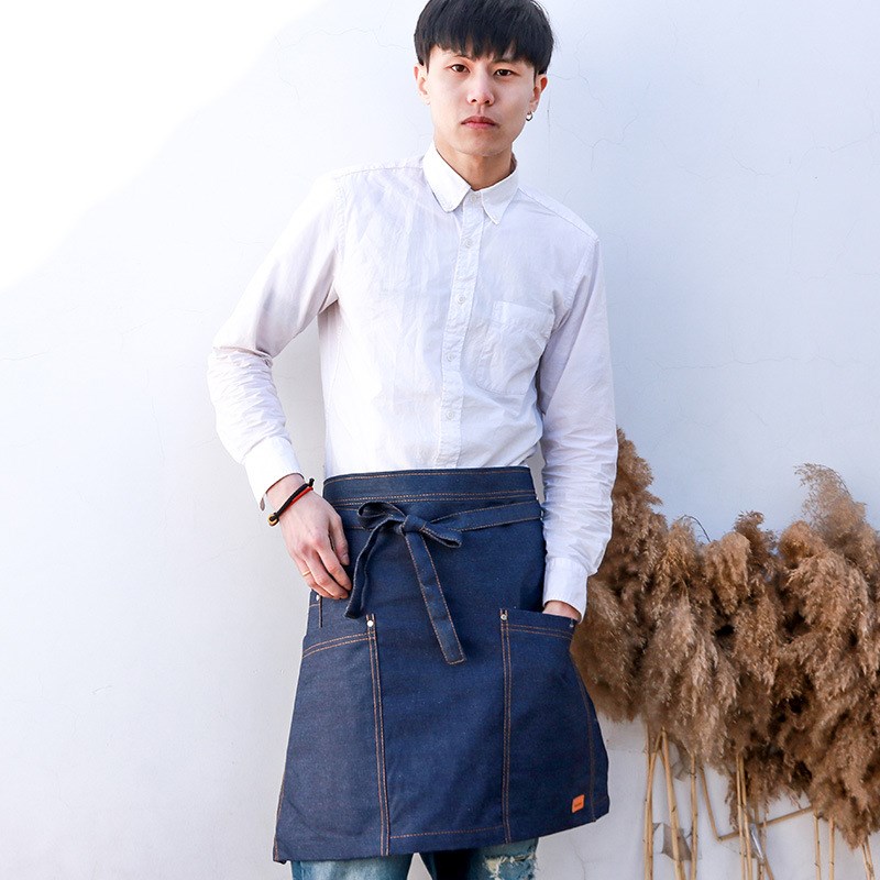 速发牛仔围裙半身L房咖啡厅西餐厅酒吧男餐厅服务员字裙印围厨OGO