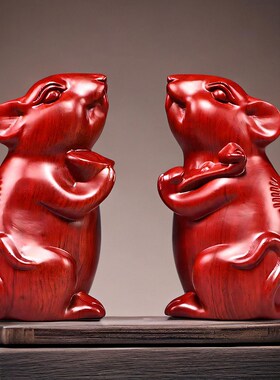 速发红色木头木鼠摆制实木质雕刻十二生肖属老鼠木件装饰工艺品