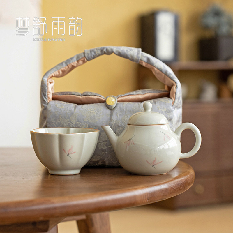 速发草木灰手绘粉色兰花套壶一杯便携式旅行功夫茶具布包一装茶壶