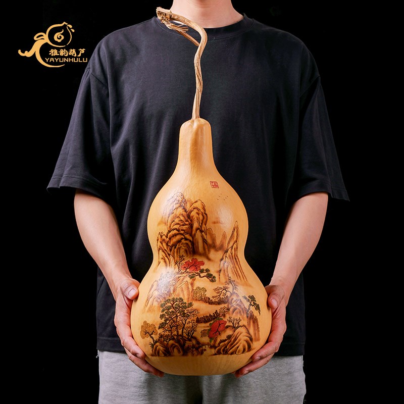 速发葫芦摆件大号手工烙画葫芦山水放厅玄关办公室摆客葫芦工艺品