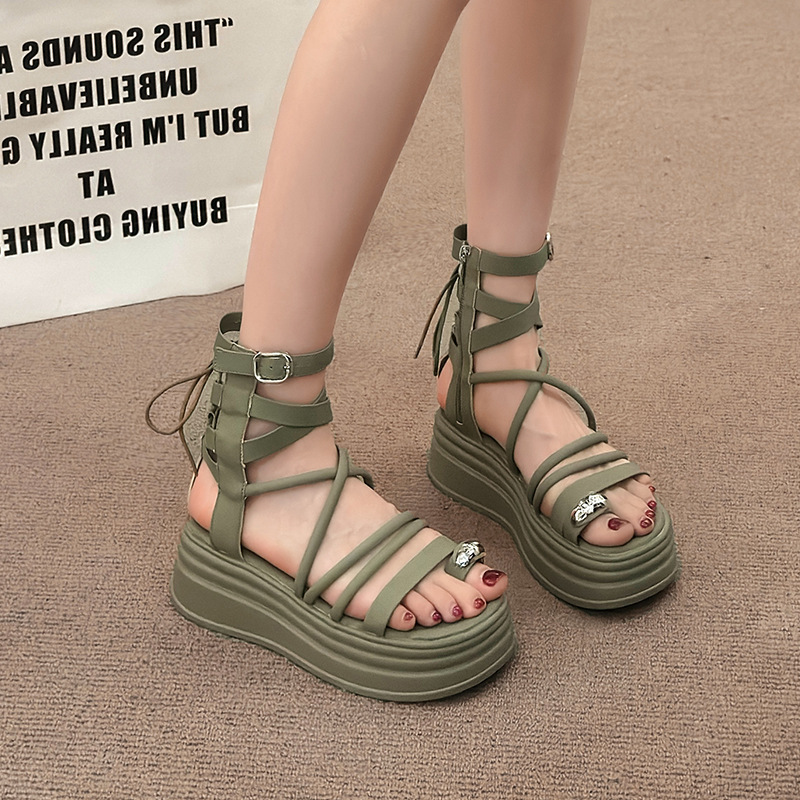 高帮厚底凉鞋女2024夏款百搭交叉绑带套趾罗马鞋小个子增高配