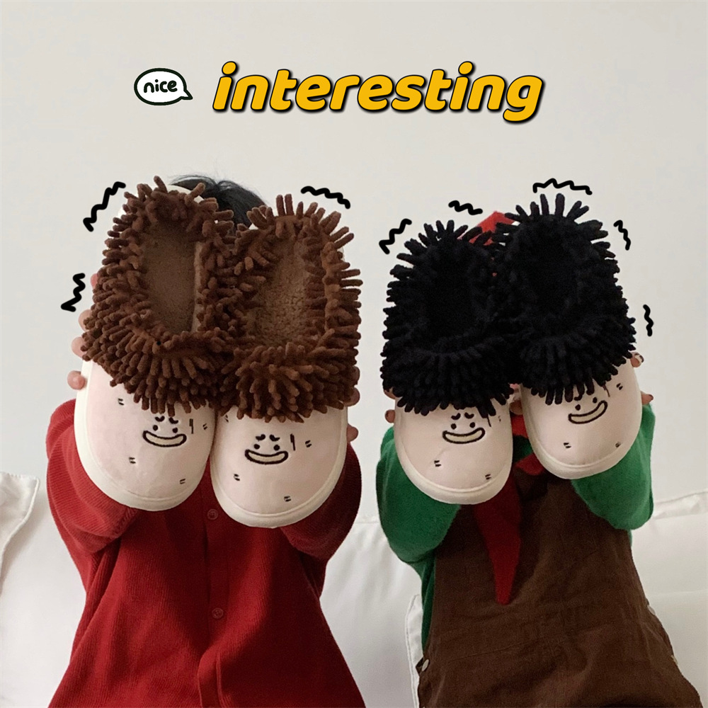 2025年新款脏辫棉拖鞋女冬季家居保暖鞋情侣毛绒厚底防滑毛毛拖鞋