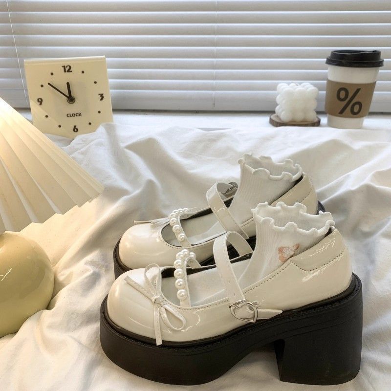 法式白色珍珠蝴蝶结玛丽珍女鞋2025春夏新款松糕厚底配裙子小皮鞋
