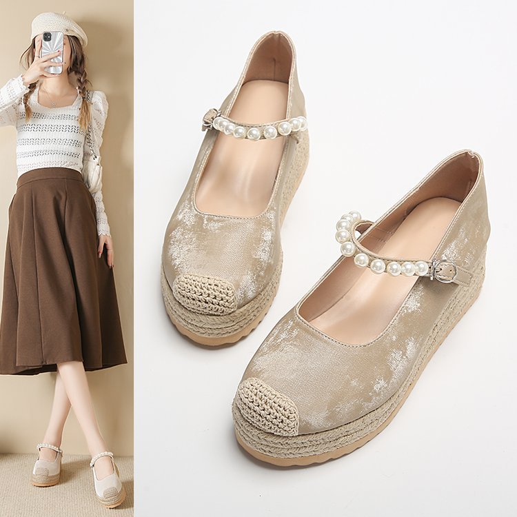 25年新款包头凉拖鞋女夏外穿新中式国风厚底懒人珍珠半拖草编高跟