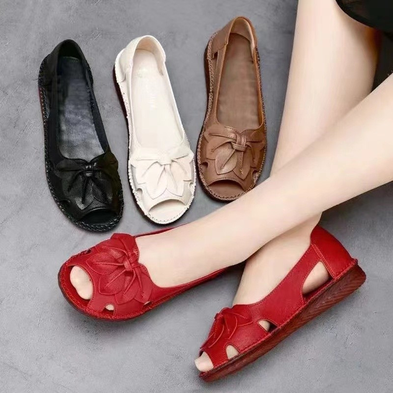 2025新款夏季凉鞋女平底鱼嘴百搭舒适中老年妈妈鞋蝴蝶结洞洞鞋女