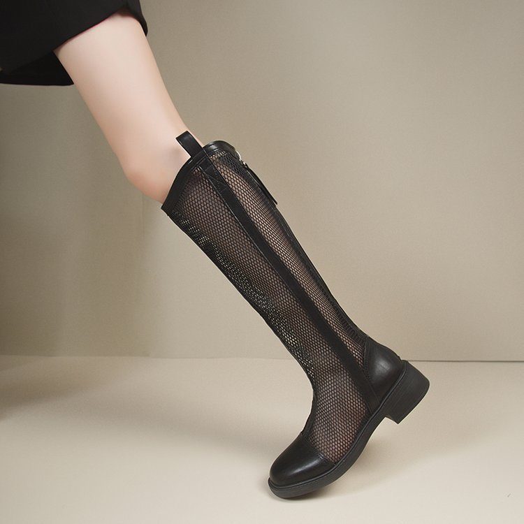 靴子女夏季薄款高跟镂空长靴真皮网纱粗跟高筒凉靴夏天透气网靴子