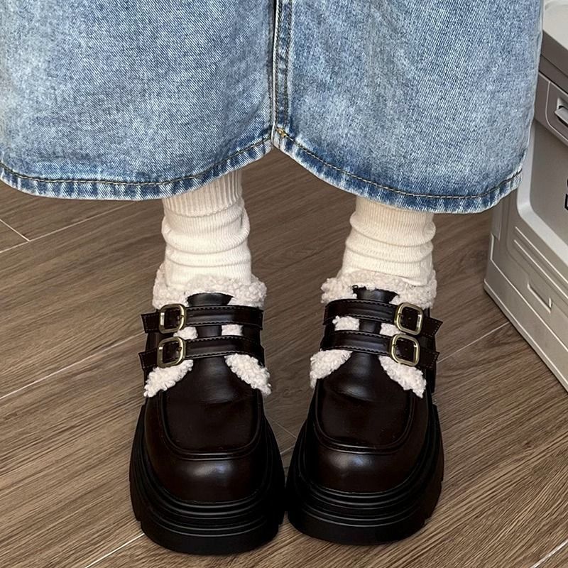 英伦风小皮鞋女加绒保暖厚底女鞋2024新款秋冬季玛丽珍棉鞋乐福鞋
