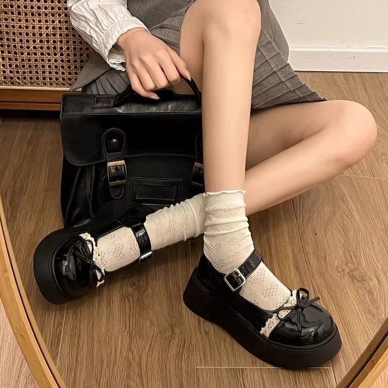 日系蝴蝶结甜美百搭小皮鞋女2025年春秋新款厚底增高浅口玛丽单鞋