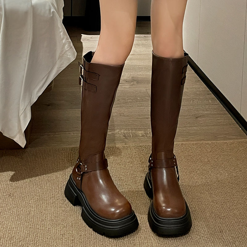 小码中筒靴女313233不过膝直筒骑士靴女长筒靴斜口真皮加绒高筒靴