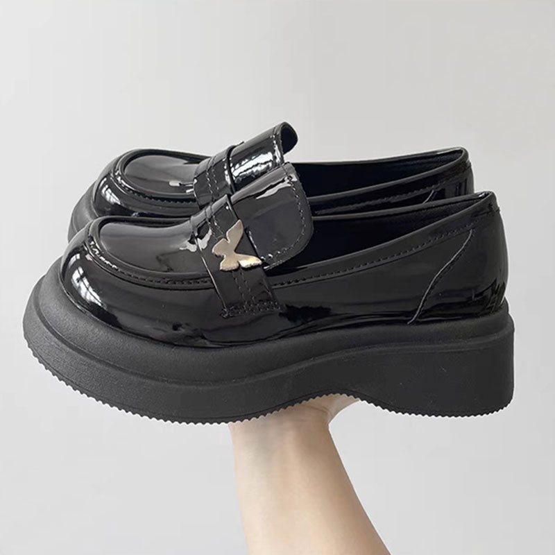 法式玛丽珍小皮鞋女2025年春秋厚底蝴蝶一脚蹬乐福鞋粗跟高跟单鞋