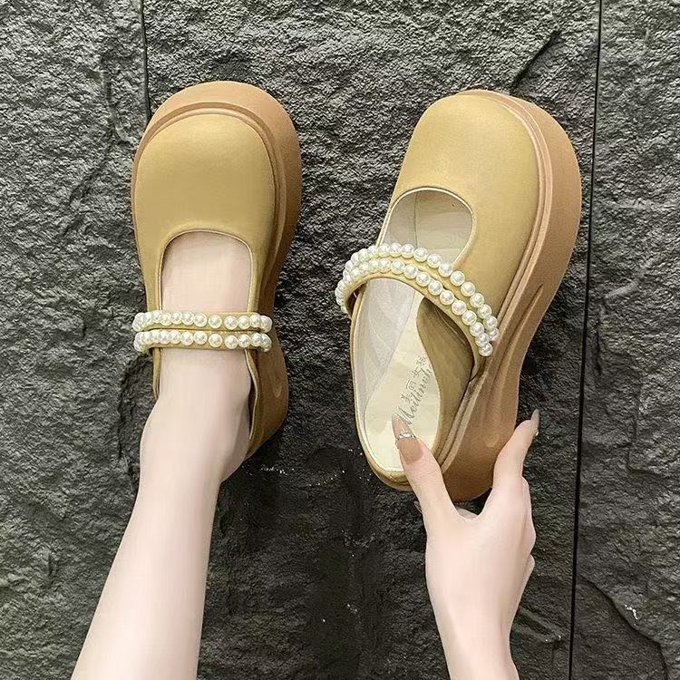 英国真皮厚底包头半拖鞋女夏季外穿2025新款法式仙女风玛丽珍凉拖