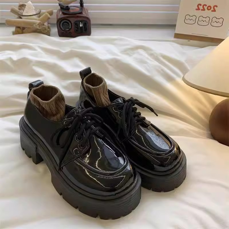 系带粗跟增高厚底黑色小皮鞋女2023年春夏季新款复古英伦风单鞋子