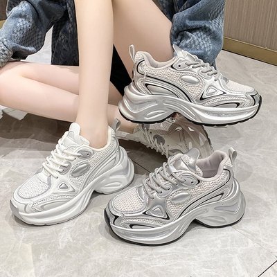 厚底老爹鞋女款2025夏季新款网面透气银色鞋子百搭增高休闲