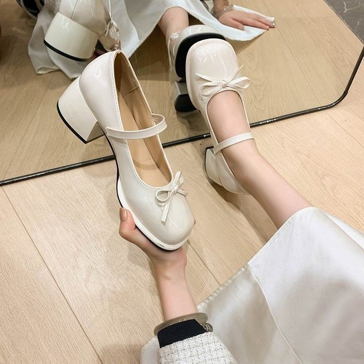 黑色通勤职业高跟鞋仙女真皮法式不累脚蝴蝶结方头粗跟玛丽珍单鞋