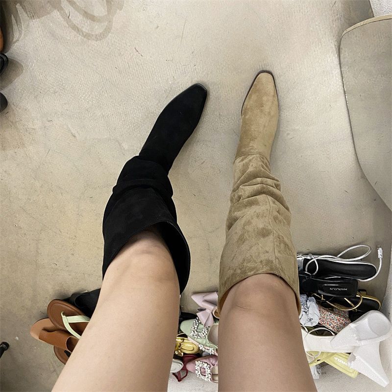 不过膝长靴女大筒围胖MM2022新款网红设计感褶皱堆堆靴高筒骑士